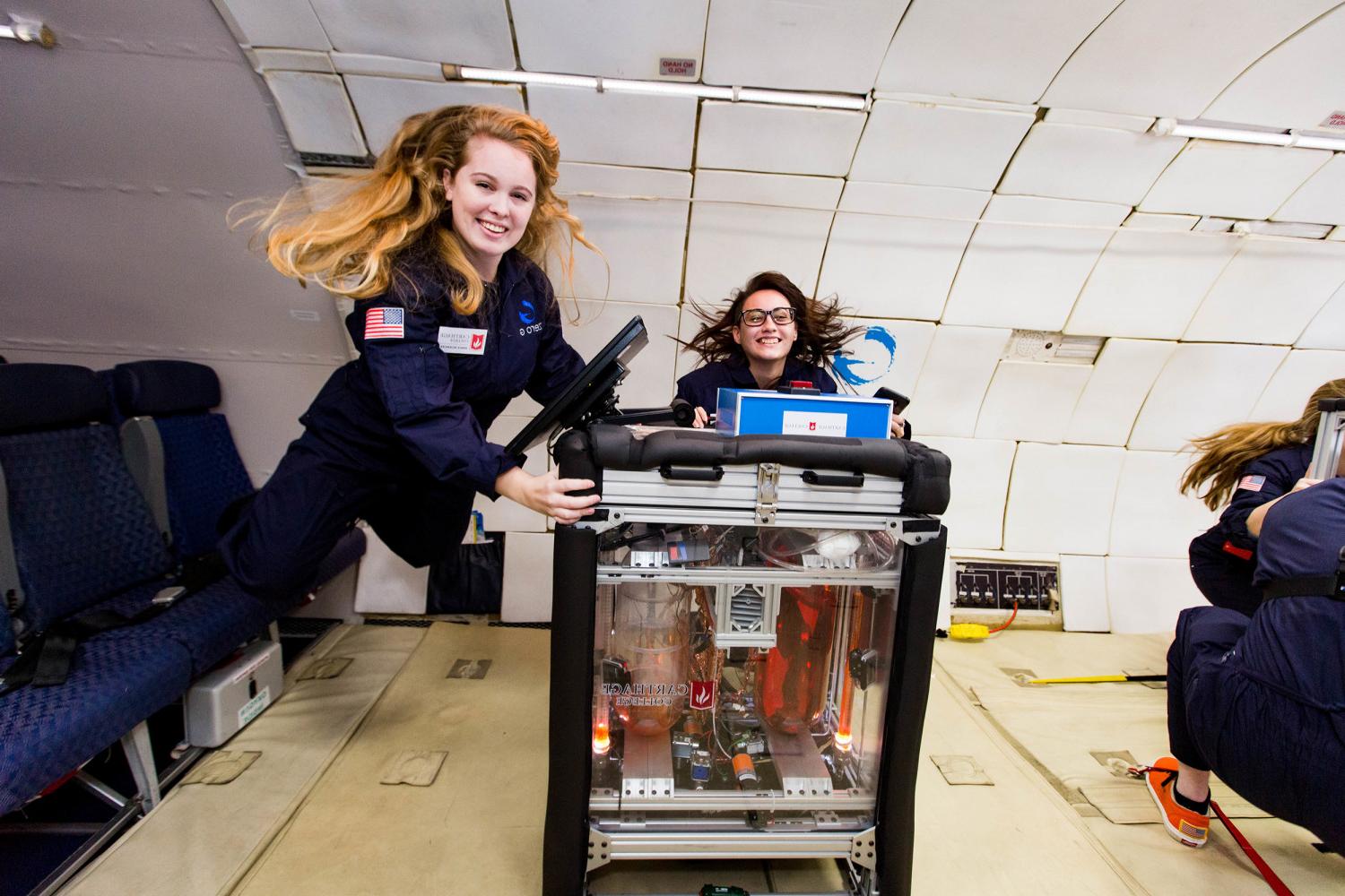 The Carthage Microgravity Team testing their Magneto-active Slosh Control (MaSC) experiment on a zero-g flight.